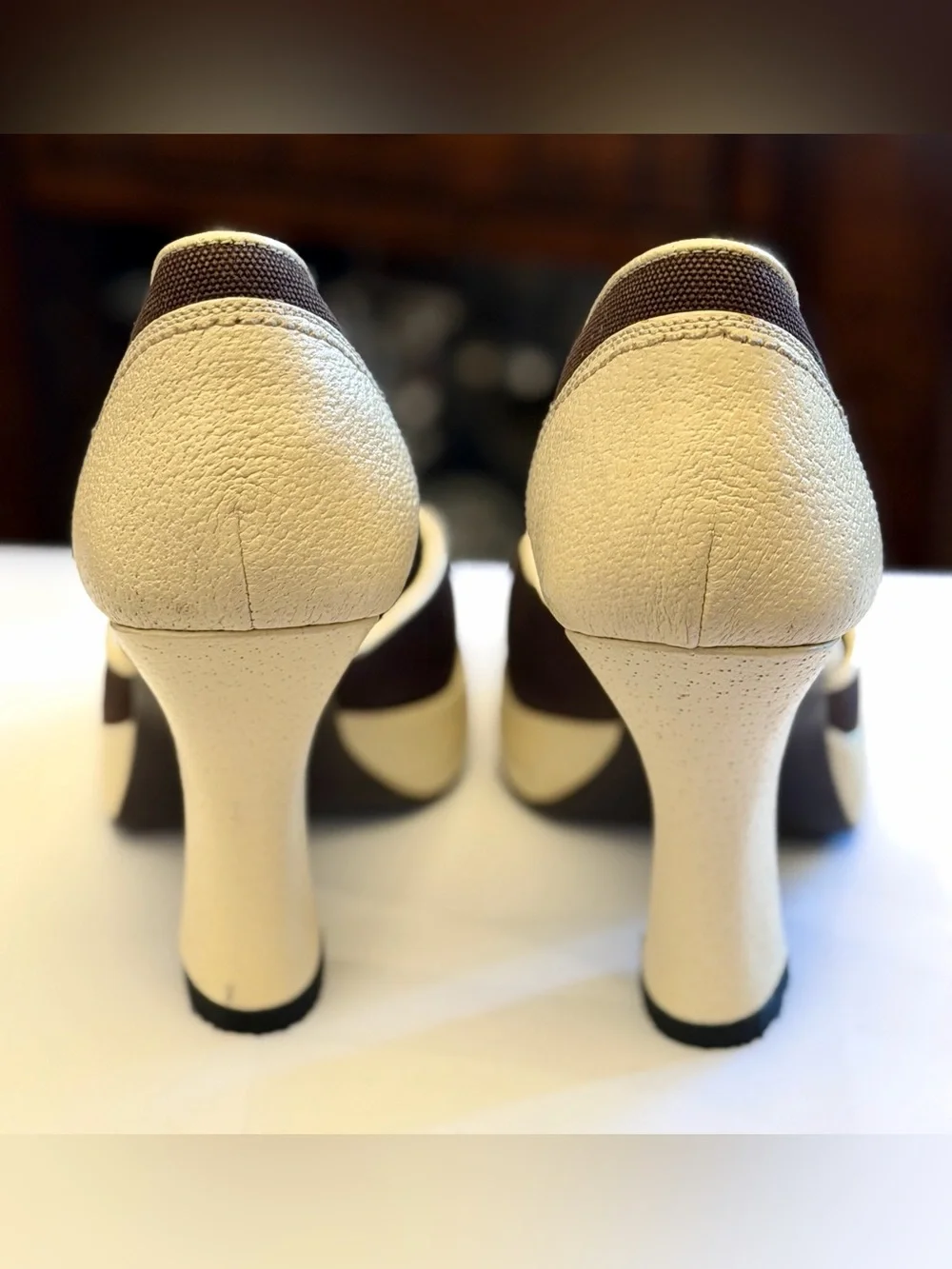 Vintage Prada brown/cream colorblock canvas & leather peep-toe pumps Size 36